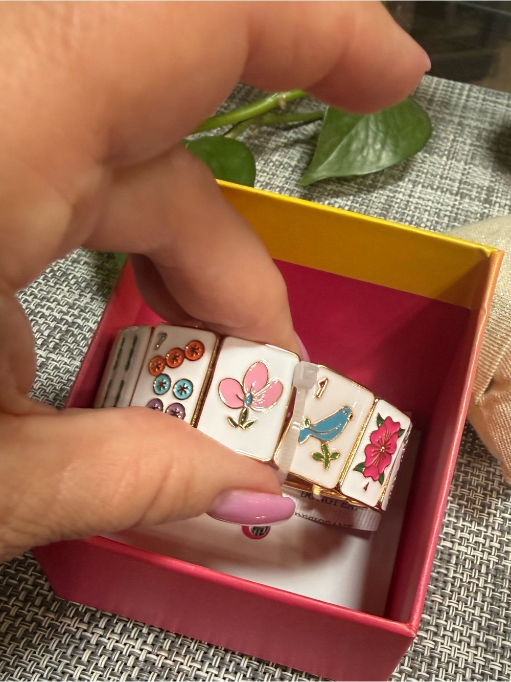 Piper K 🀄️Mahjong 🌸Enamel & Metal & gems Stretch Bracelet Gold Accents NIB - Picture 5 of 5